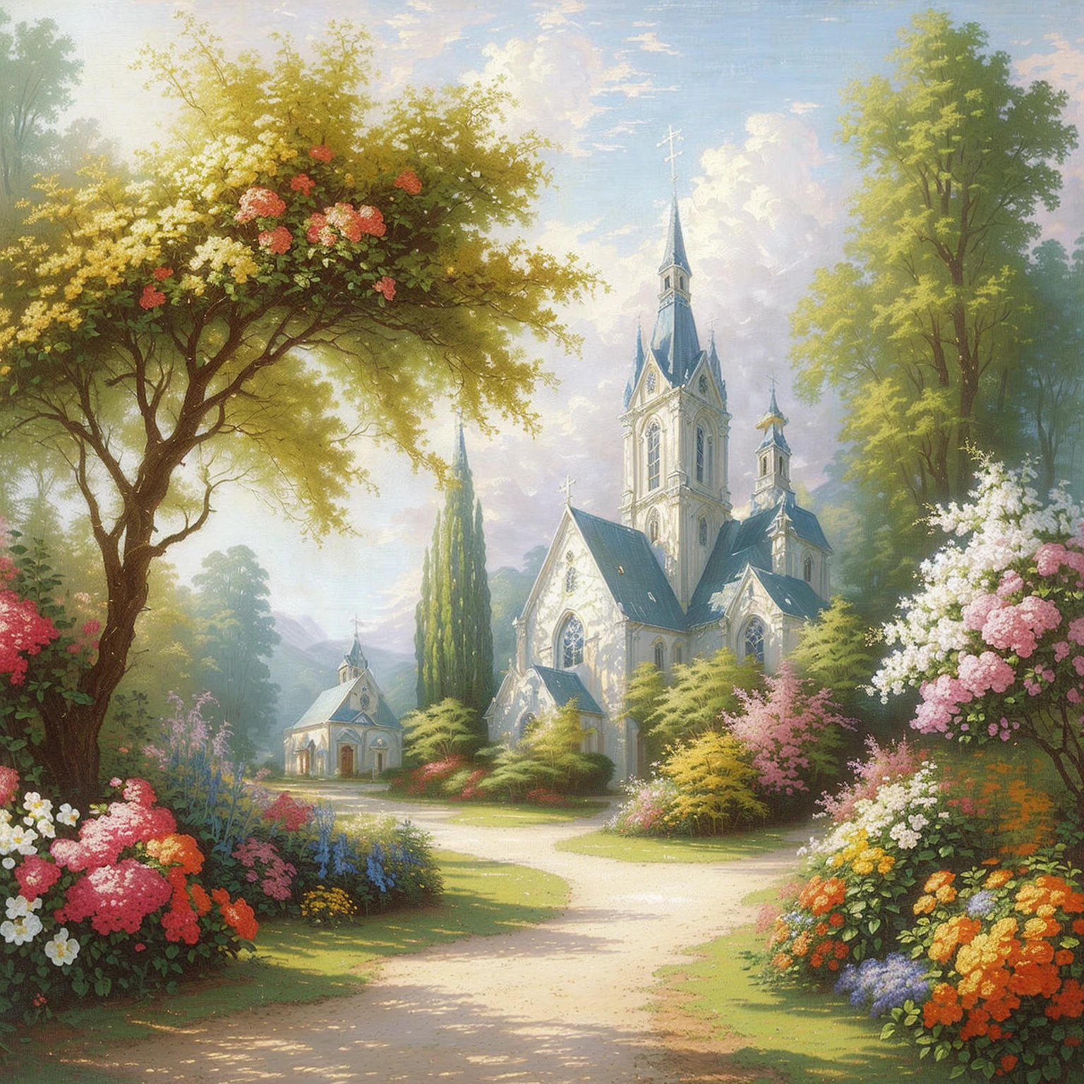 a painting of a church in a garden with flowers and trees, pintura de igreja, igreja na madeira, em uma paisagem serena, tomas kinkade, scenery art, uma bela paisagem, paisagem celestial, peaceful scene, breathtaking masterpiece of art, romantic landscape, igreja ao fundo, (((Thomas Kinkade))), aldeia russa, peaceful landscape, bela pintura, Thomas Kindkade