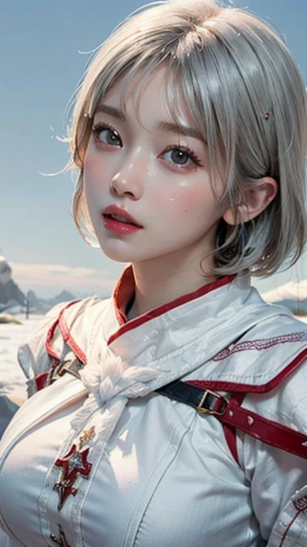 (Highest quality, masterpiece:1.3), shape, ((Beautifully detailed face)), Beautiful and detailed skin, Intricate details, Very detailed, Best image quality in 8K,Fantasy,A world of swords and magic,ファイナルFantasy,(White Mage:1.5), (18-year-old female:) (Large Breasts:1.2),Japanese girl,Baby Face,(Detailed Hair,Bobcut:1.6,Platinum Blonde Hair,Gray Hair),Detailed lips,Open your mouth,blush,Embarrassing,(Long Shot), Realistic Face,Realistic Skin,(Vibrant Skin,Moisturized Skin:1.2),Vivid lips,Lip gloss