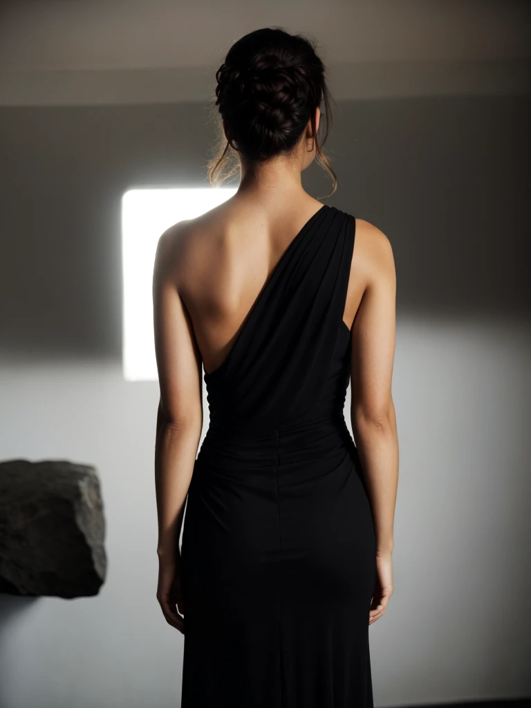 a woman in a black dress standing in front of a rock, back pose, showing her shoulder from back, back lit, back - shot, backview, back light, pr shoot, back - view, exposed back, black gown, photo from behind, stuning, rear-shot, open back dress, photo still of behind view, movie stills photography, back slit,