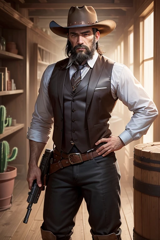 (8k, Highest quality, Tabletop:1.2)、Ultra-high resolution, Detailed face, One Man, 55 years old、Black Hair、beard、short hair、cowboy、Ten-gallon hat、Waistcoat、boots、Gun on hip、wilderness、Cactus、western drama
