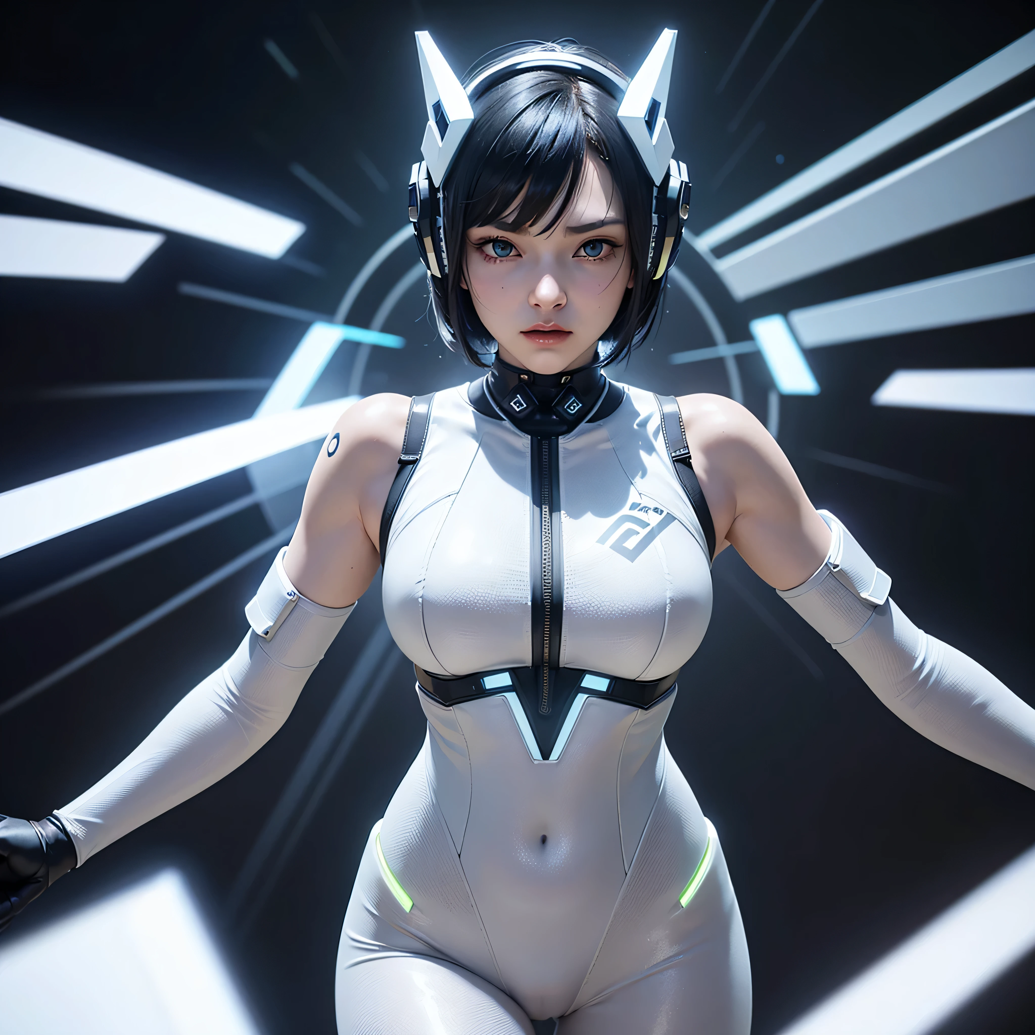 ((of the highest quality)), ((​master piece)), (detail:1.4), Translucent white material with mechanical parts and transparent skin, Beautiful woman in cyber bodysuit made of gray carbon material, Glowing pale with LEDs, Ticker (High dynamic range), Ray tracing, NVIDIA RTX, Super Resolution, Subsurface Scattering PBR Texturing, Post-processing, Anisotropy Filtering, depth of fields, Surface Shading, Accurate simulation of light/Material Interactions, perfectly proportions, Two-tone lighting, Wide aperture, Low ISO, White Balance, 8K, NSFW, (((cyber headgear))), 25 year old woman, Cyber headgear with dull glowing LEDs, knee high, Dull bangs beautiful short hair, ((Cyber hood with dull glowing LEDs)), beautiful short black hair, beautiful blue eyes, angry face, Beautiful body, Simple and minimalistic space