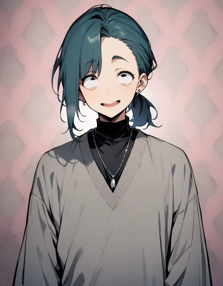 ((((best masterpiece, best quality, wallpaper,)))) solo, 1male, 30 years old, handsome man, medium long shot, view straight on, looking at viewers, beautiful detailed, longuette,mediumturquoise hair, Lower short ponytail, asymmetrical bangs, ((((^o^, ,tareme, droopy eyes,))))  sharp nose, seductive smile, clear face, black turtleneck, grey cardigan, （silver earrings, silver necklace,） leggings, Clothes, lighting back, backlighting, pink background color,
