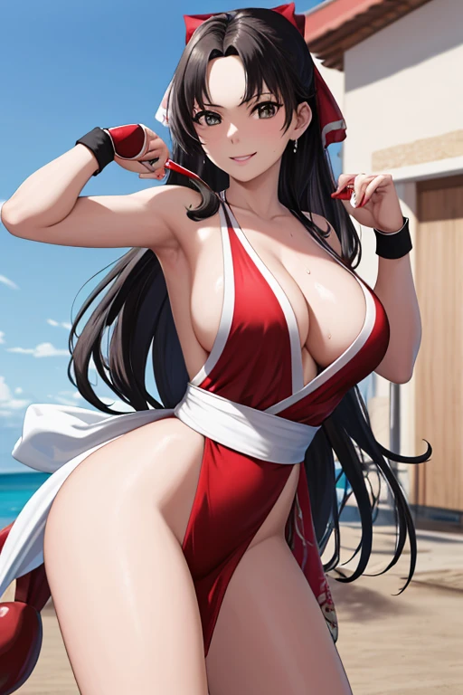 masterpiece, best quality, beautiful art, high resolution, well formed hands, body and fingers, 1 woman, solo, Paris Dylan,  grown up,  cosplaying as Mai Shiranui , adult, big breasted, cleavage full body,  hair ribbon, gorgeous legs and, thighs, sexy Japanese clothes, hair ornament , she is fighting in a combat match, showing her fighting skills, making her guard, about to hit the viewer, looking at the viewer, sweating, bouncing breasts, smiling joyfully and brightly, being confident and proud, action and fighting scene, martial arts arena with beach environment 