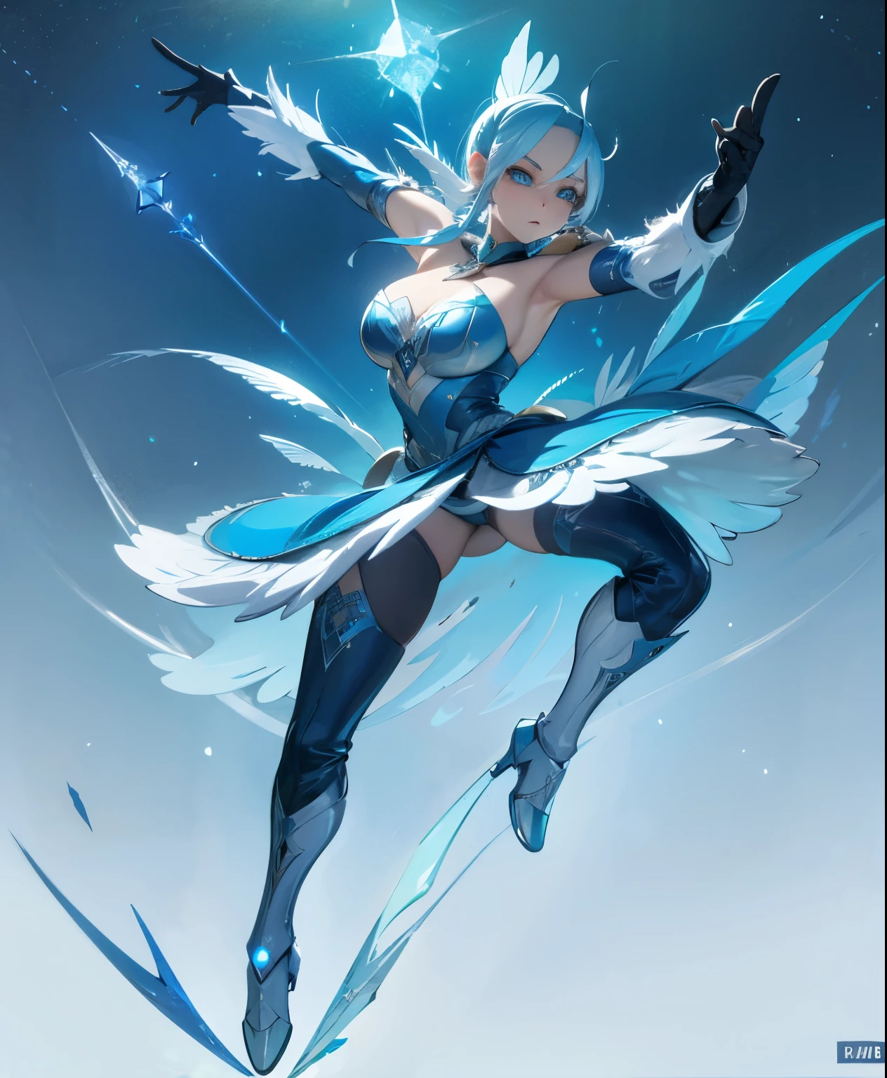(high-res, vivid colors), blue bird alien, detailed feathers, sparkling eyes, alien landscape, vibrant colors, surreal atmosphere, glowing lights, otherworldly features, intricate patterns, dreamlike scenery, Arctic Frost Ranger: A suit featuring icy blue and frosty white hues, accented with snowflake patterns and frost crystals. This Ranger commands the power of ice and cold, with abilities such as creating blizzards, forming ice constructs for defense, and freezing enemies in their tracks.
