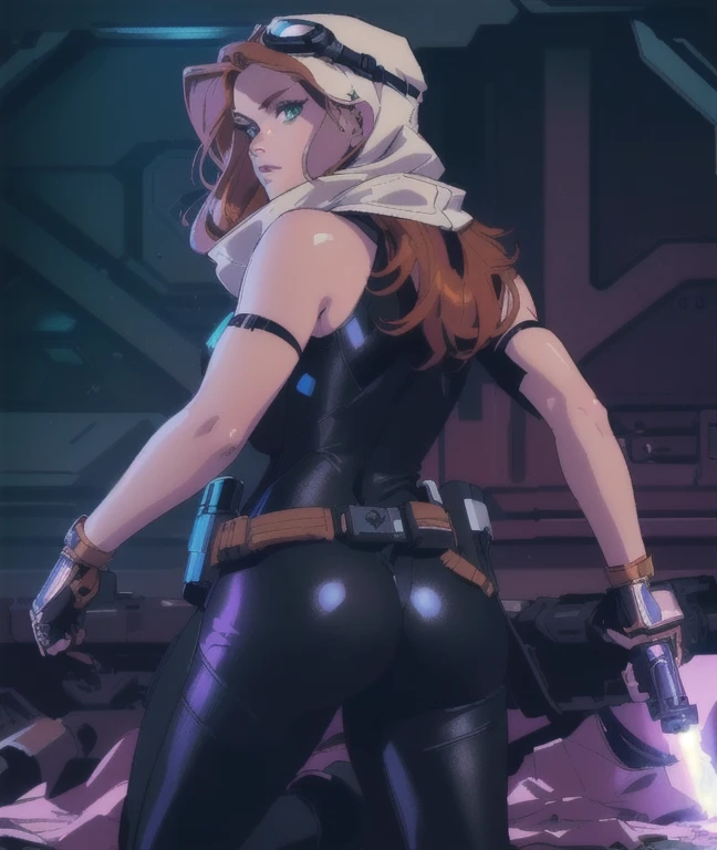 (Detailed face:1.2), (Detailed eyes:1.2), (Perfect figure:1.2), CARTOON, ANIME, CARTOON ARTSTYLE, vintage science fiction, Star Wars based setting, extremely detailed face, long eyelashes, (Mara Jade), Mara Jade Skywalker, long orange hair, bright green eyes, attractive body, slim figure, bubble butt. She's looking at the camera with a surprised and concerned expression, looking from behind. She's wearing a tight shiny black leather suit, tan hood, goggles, fingerless gloves, gun holster, utility belt and high-heel boots. She holds the purple lightsaber with a delicate yet deadly grip. Background: Indoors, metallic structure, discarded Storm Trooper armor on the floor. Upper body shot, back view, ass view