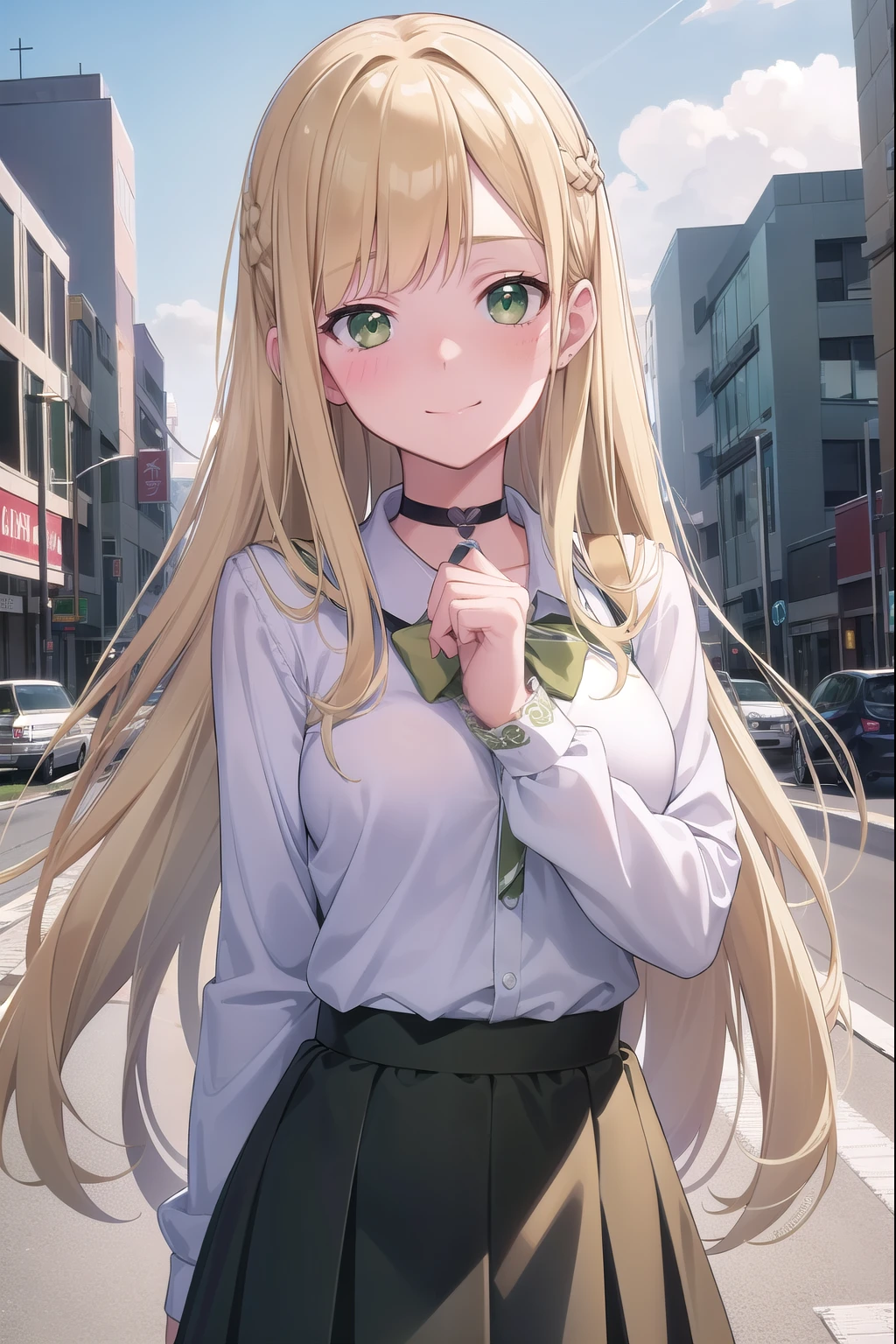 Blonde Hair, choker,(Green Eyes:1.5), Long Hair, high school student,uniform,knit,skirt,smile, blush, blush stickers, break looking at viewer, break outdoors, city, break (masterpiece:1.2), highest quality, High resolution, Unity 8k, (figure:0.8), (Beautiful fine details:1.6), Highly detailed face, Perfect lighting, Highly detailed CG, (Perfect hands, Perfect Anatomy),(Blush all over face, Embarrassing)