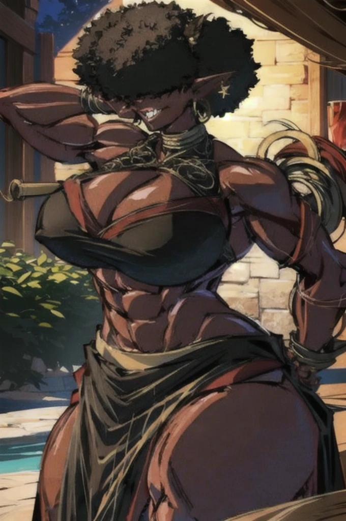 hair covering eyes no eyes(masterpiece, best quality:1.2),1 girl, voluptuous body, full body, masterpiece, dominant pose, good anatomy, no extra limbs, big ass, thick thighs, black hair, voluminous afro, pointy ears, gold earrings, black top with red details, black skirt with red details, gold necklaces