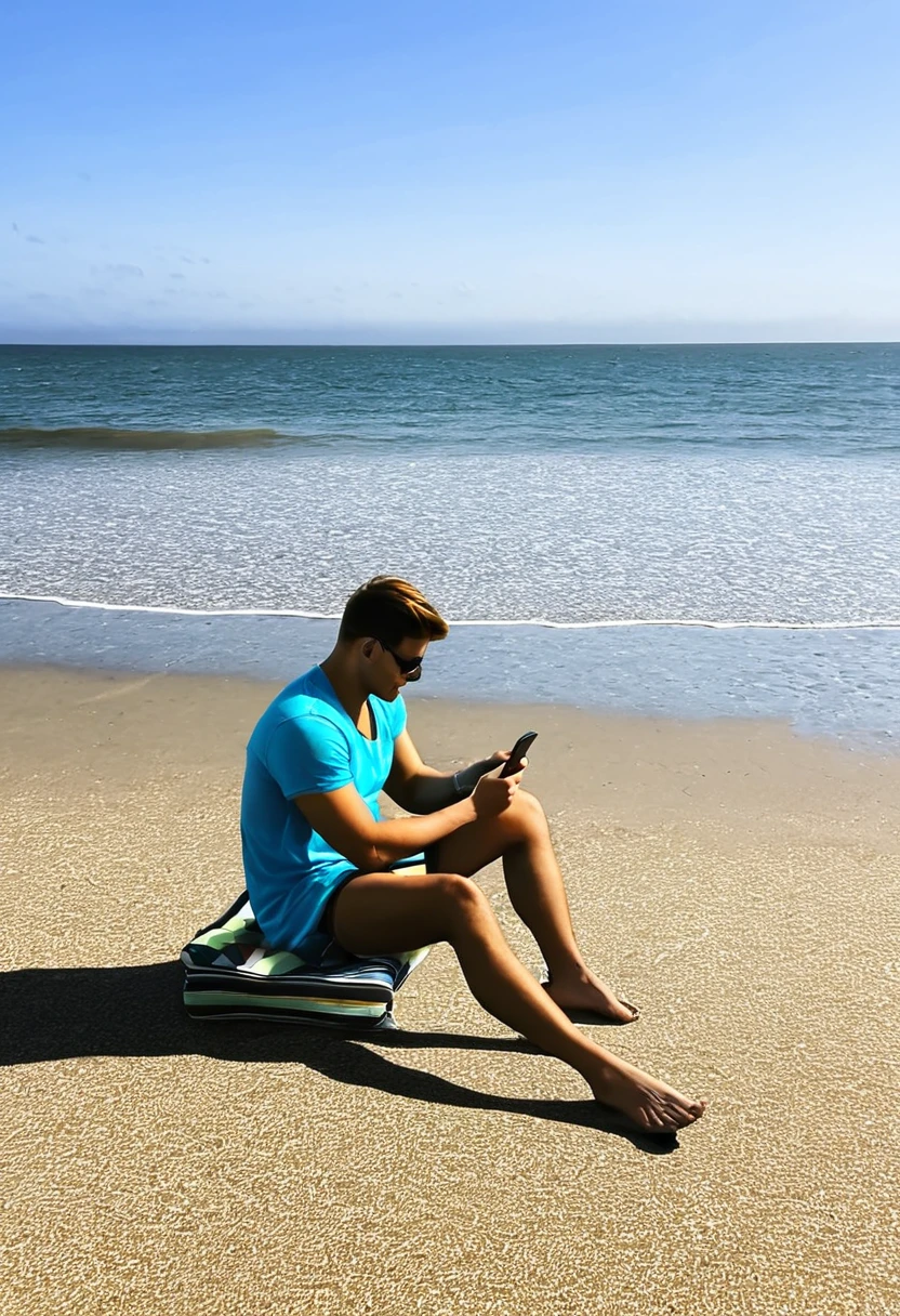 Sitting on the beach and watching his phone
