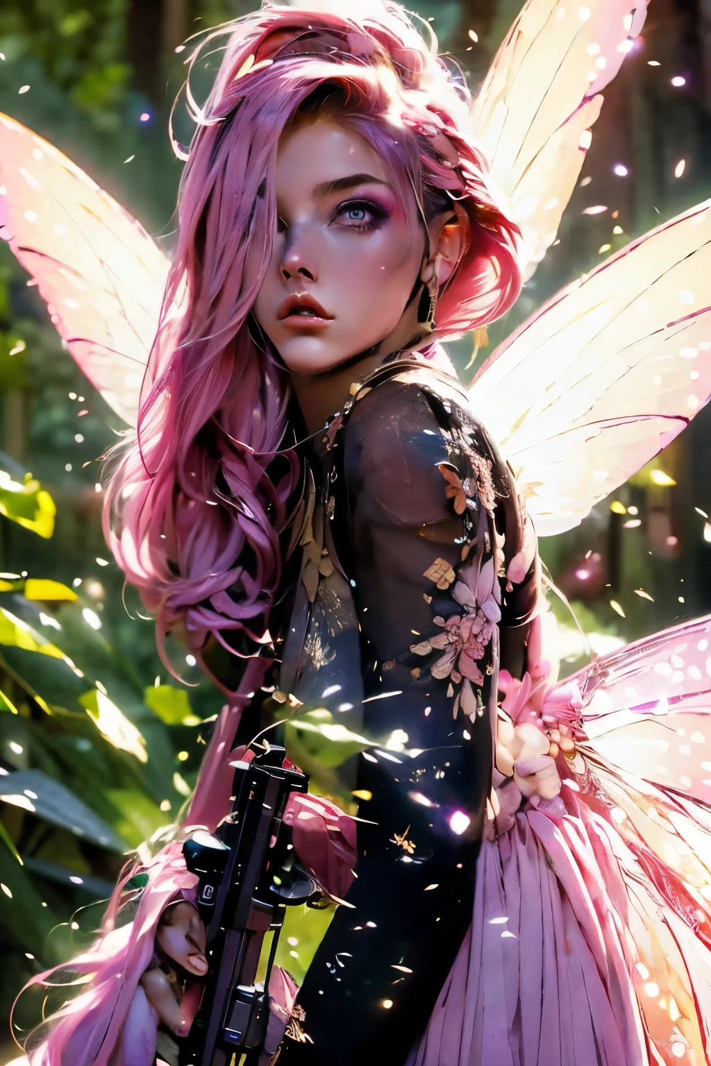 A young woman like a fairy with pink hair, sitting on the bed wearing a sexy black blazer, looking like a teacher, Fantasy Theme, em uma flowersta mágica, flowers (((master part))), (((best qualityer))), ((ultra detali)),(highly detailed CG illustration), ((an extremely delicate and beautiful)),cinematic light, Create stunning fantasy art. fairy tale fantasy with colorful details. ((Use various shades of pastel pink and watercolor as the main color scheme.)) Incorporate unique lighting effects, Exploring dynamic and attractive composition techniques, and experimenting with unique color palettes. Camera: Choose an angle that highlights the beauty of the character.. The ilumination: Use atmospheric lighting techniques to create depth and mood. resolution: Aim for a high-resolution artwork to showcase intricate details and clarity.