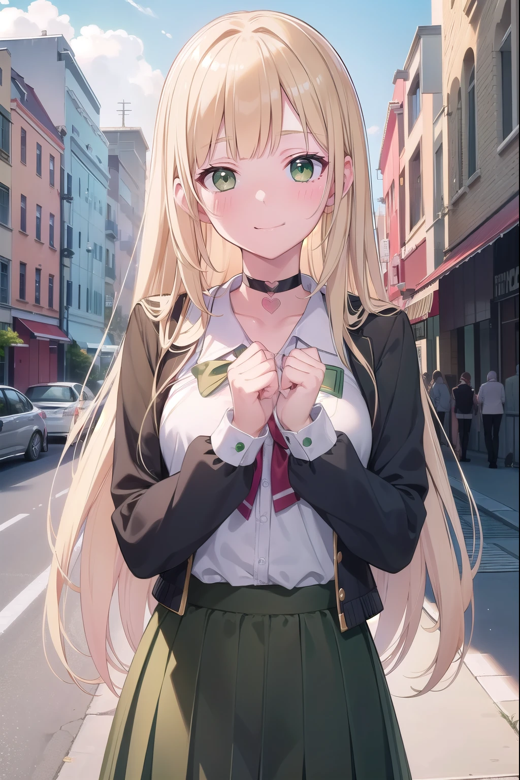 Blonde Hair, choker,(Green Eyes:1.5), Long Hair, high school student,uniform,knit,skirt,smile, blush, blush stickers, Have,break looking at viewer, break outdoors, city, break (masterpiece:1.2), highest quality, High resolution, Unity 8k, (figure:0.8), (Beautiful fine details:1.6), Highly detailed face, Perfect lighting, Highly detailed CG, (Perfect hands, Perfect Anatomy),(Blush all over face, Embarrassing)
