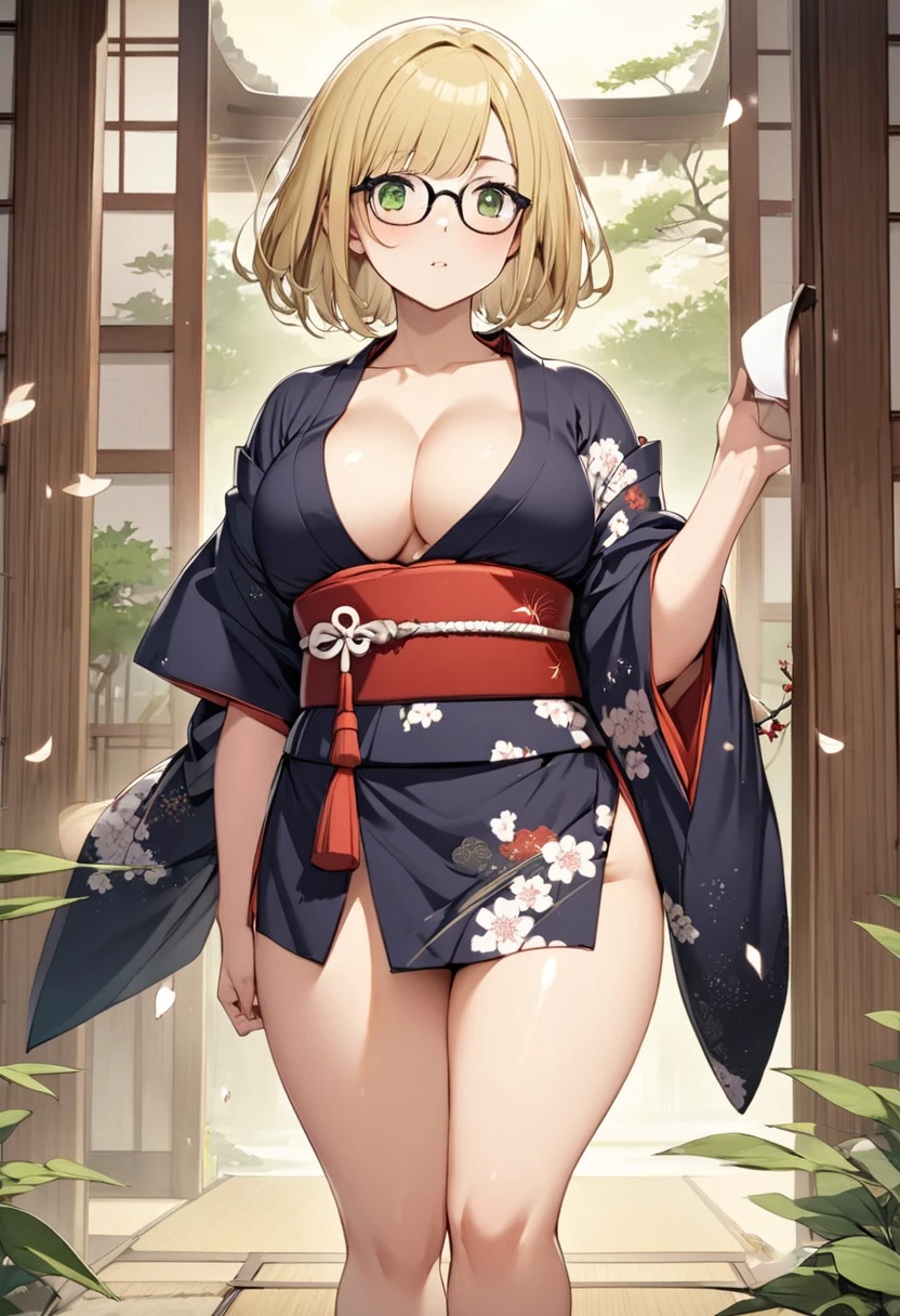 chubby girl, blonde, green eyes, medium length hair, without bangs in hair, without bangs, glasses with black square frames Japanese clothing style, ancient japan, bare chest, bare thighs 