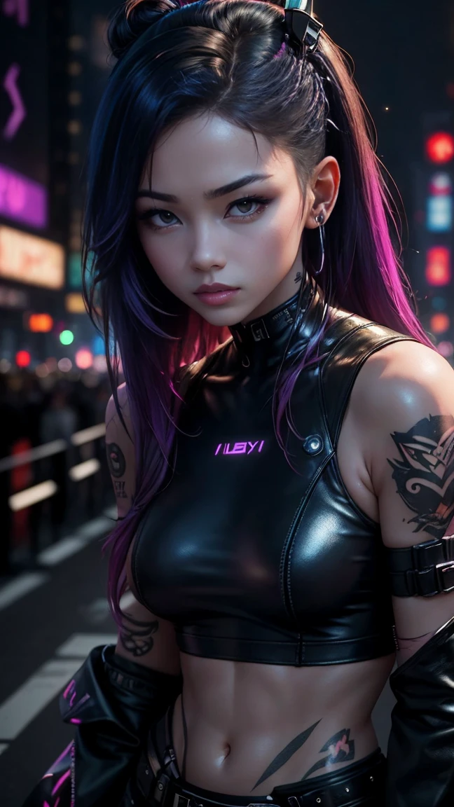 Highest quality、masterpiece、8k、Realistic、超High resolution、Very delicate and beautiful、High resolution、Cinema Lighting、Face close-up、Perfect female body、Opposition、Looking at the audience、((Cyberpunk woman、Neon Light:1.3、Leather clothing、futuristic decoration、Undercut Hair、Luminous tattoo、Cyberware))、Holographic Accessories:1.4、Metallic Makeup、boots、City Skyline、Glow in the Dark、High-tech gadgets、Cyberspace、Vivid Color、headset、Cybernetic prosthetic limbs、Streetwear、Dark and mysterious atmosphere、Electronic bulletin board、artificial intelligence、City of the Future、Rebellious attitude