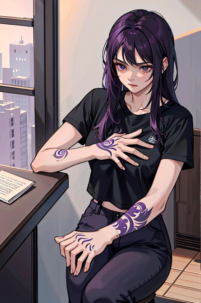 (masterpiece:1.2, best quality), (1girl, solo:1.2), crossed hands,straight pov, dark violet hair, black T-shirt, sport pants, (tattoos), room, crossed hands,straight pov