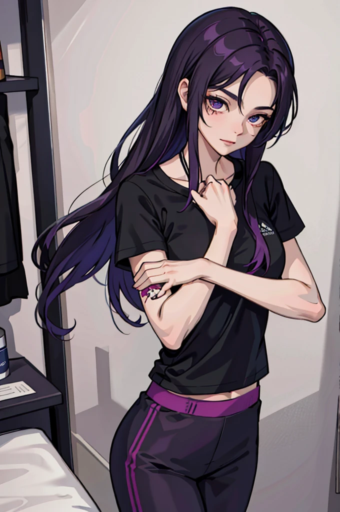 (masterpiece:1.2, best quality), (1girl, solo:1.2), crossed hands,straight pov, dark violet hair, black T-shirt, sport pants, (tattoos), room, crossed hands,straight pov