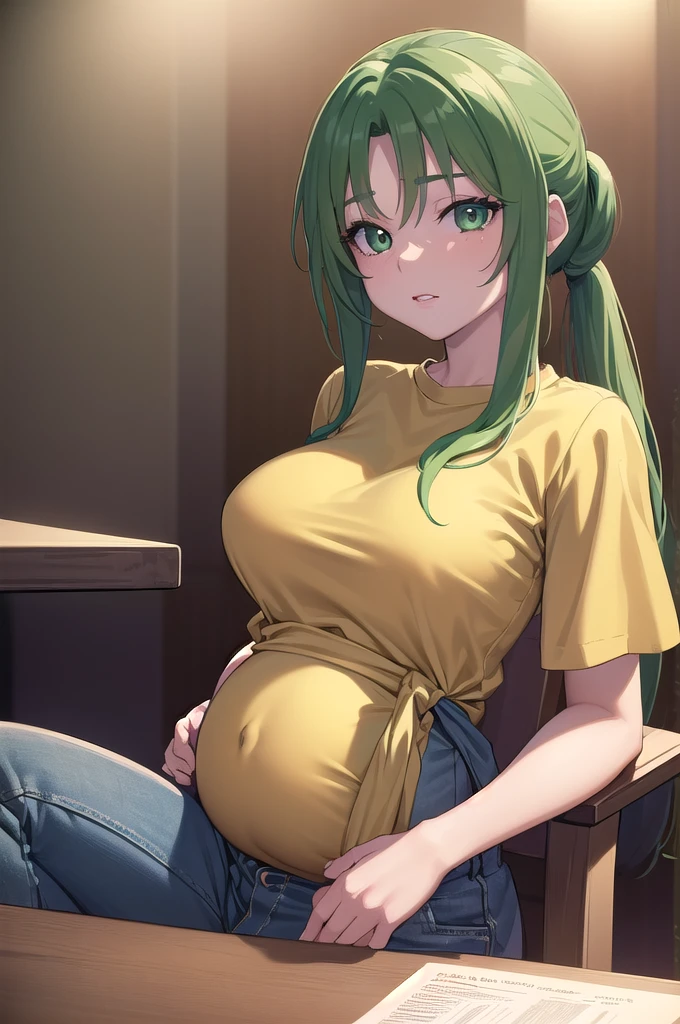 masterpiece, best quality, 1girl, Mion Sonozaki, green eyes, longeyelashes, beautiful detailed eyes, beautiful detailed lips, extremely detailed face, ponytail, yellow T-shirt, clothes around waist, jeans, sitting on chair, pregnant_belly, detailed background, photorealistic, 8k, cinematic lighting, vibrant colors, intricate details