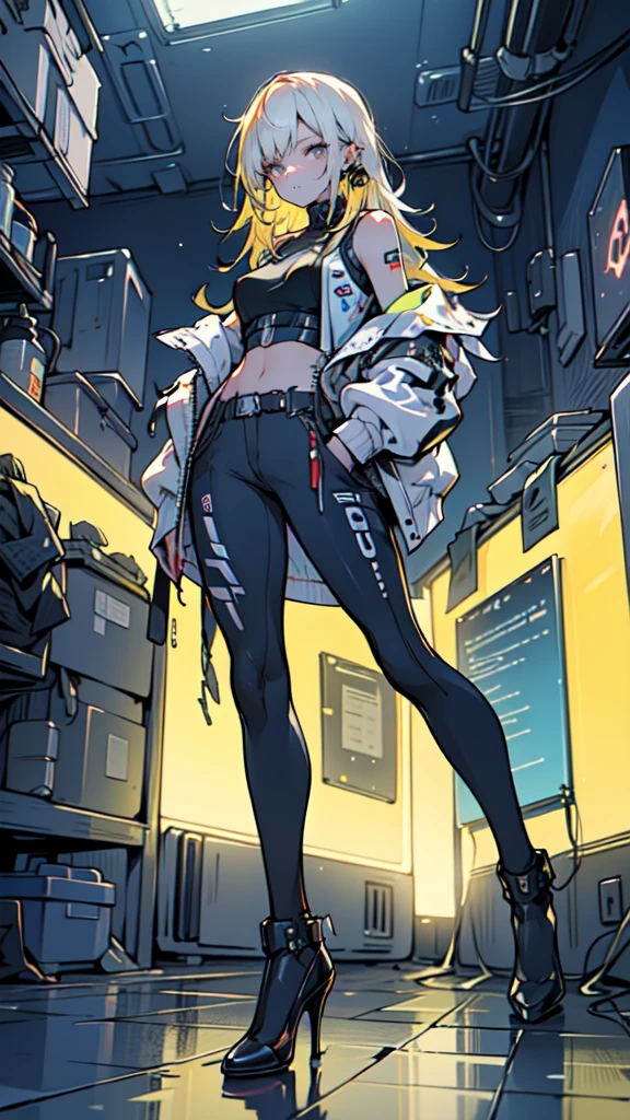 1 girl, long Yellow hair , cyberpunk, blue eyes, high heels, hand in pocket, best quality, 4k, 8k, highres, masterpiece:1.2, ultra-detailed, realistic, photorealistic, photo-realistic:1.37, HDR, UHD, studio lighting, ultra-fine painting, sharp focus, physically-based rendering, extreme detail description, professional, vivid colors, bokeh, cyberpunk, science fiction, neon lights, dark atmosphere, dramatic lighting