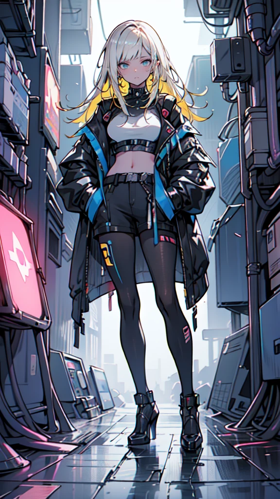 1 girl, long Yellow hair , cyberpunk, blue eyes, high heels, hand in pocket, best quality, 4k, 8k, highres, masterpiece:1.2, ultra-detailed, realistic, photorealistic, photo-realistic:1.37, HDR, UHD, studio lighting, ultra-fine painting, sharp focus, physically-based rendering, extreme detail description, professional, vivid colors, bokeh, cyberpunk, science fiction, neon lights, dark atmosphere, dramatic lighting