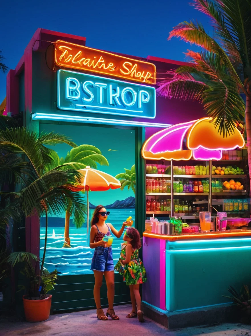 Neon,Shop sign,Tropical scene,Palm tree,Bistro,Fruit drinks,Sea,Cool wearing sunglasses,发光的NeonShop sign,Ultra high saturation,Bright colors