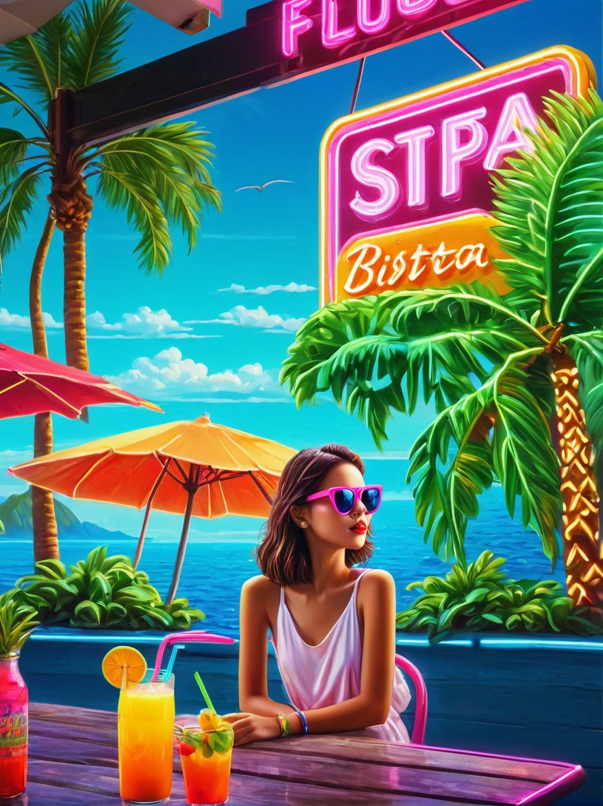 Neon，Shop sign，Tropical scene，Palm tree，Bistro，Fruit drinks，Sea，Cool *********** wearing sunglasses，发光的NeonShop sign，Ultra high saturation，Bright colors