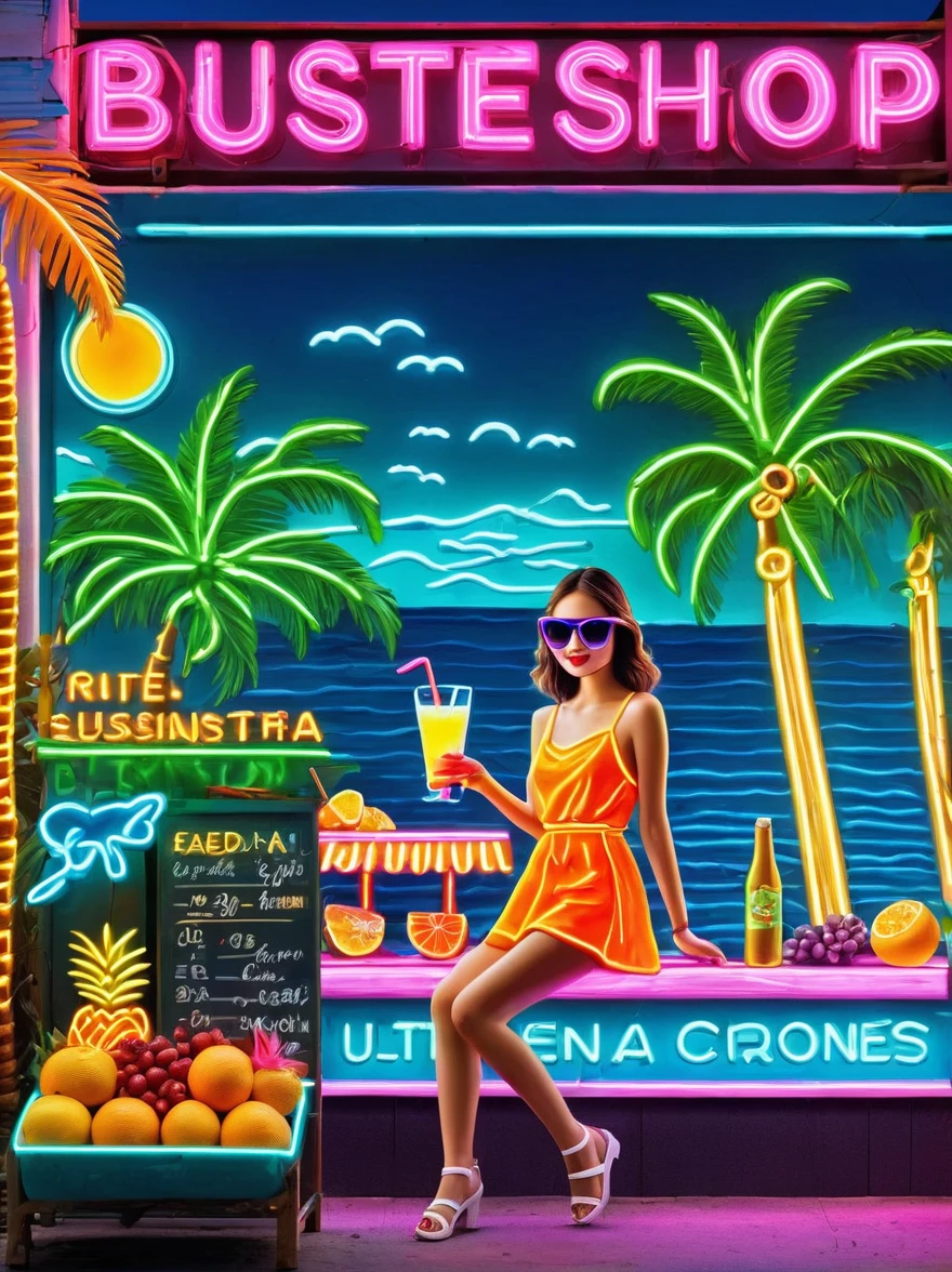 Neon,Shop sign,Tropical scene,Palm tree,Bistro,Fruit drinks,Sea,Cool little girl wearing sunglasses,发光的NeonShop sign,Ultra high saturation,Bright colors