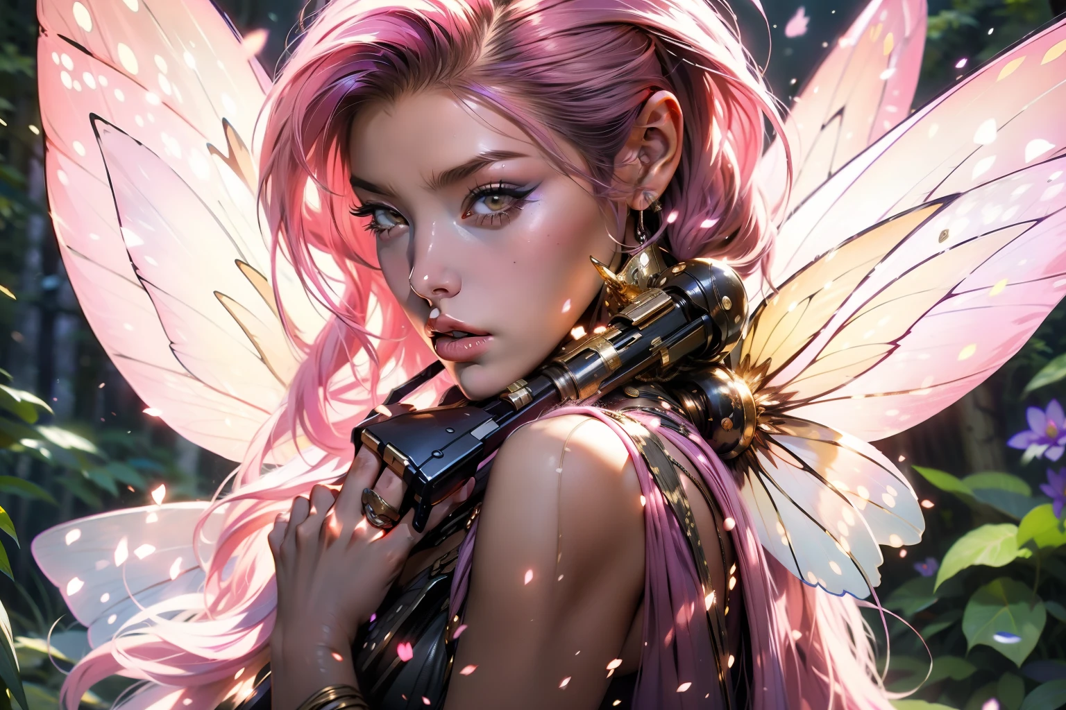 A pink haired Tuff Warrior Fairy Female, 2 extremely large violet elegant fairy wings, wearing a pink tutu and panties, and combat fatigues and tan pink black and gold colored marine miliary armor, forest village dystopian word at war, fairy fighting like mad with machine guns in hand to restore order 24k resolution, hyperdetailed photorealistic, sci-fi impressionist art style