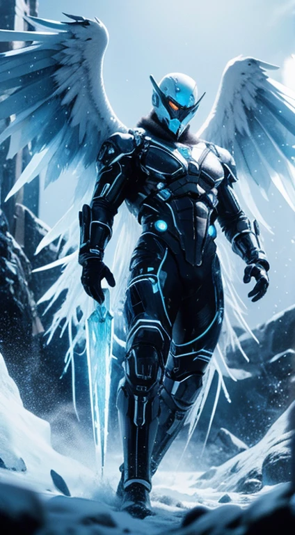 (high-res, vivid colors), blue bird alien, detailed feathers, sparkling eyes, alien landscape, vibrant colors, surreal atmosphere, glowing lights, otherworldly features, intricate patterns, dreamlike scenery, Arctic Frost Ranger: A suit featuring icy blue and frosty white hues, accented with snowflake patterns and frost crystals. This Ranger commands the power of ice and cold, with abilities such as creating blizzards, forming ice constructs for defense, and freezing enemies in their tracks.