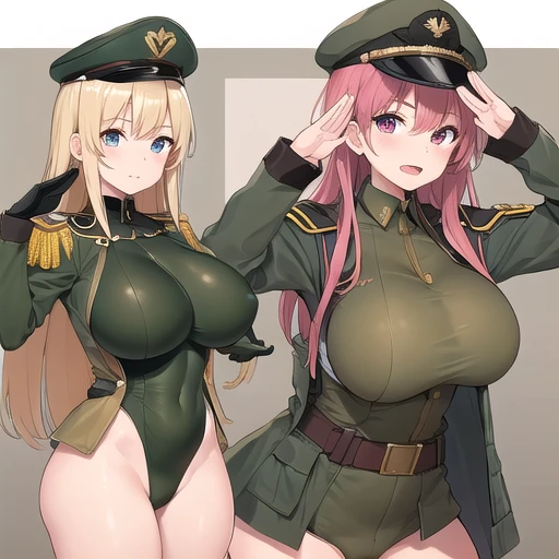 (2girl),Super detailed、bare breasts,Army clothing leotard,salute,big breast,huge breast,
