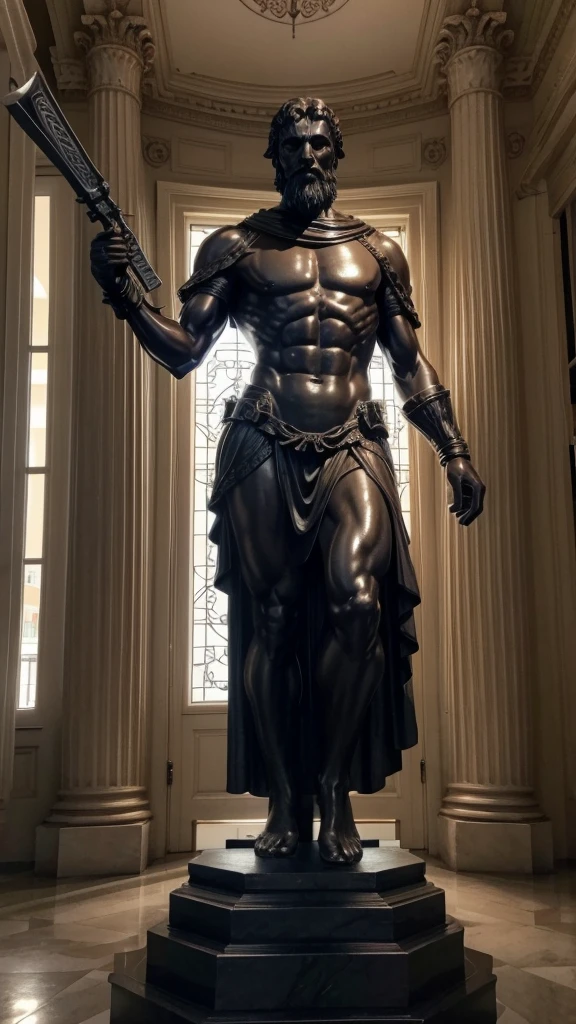 estatua grega de um guerreiro numa pegada meio dark em um local devastado