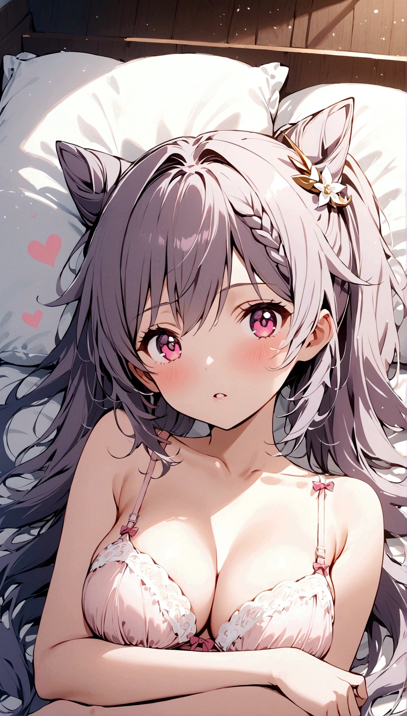 1girl,keqing, solo, underwear, looking_at_viewer, black_hair, bra, blush, long_hair, pink_bra, breasts, lying, pink_eyes, on_side, bangs, heart, collarbone, upper_body, parted_lips, bare_shoulders, cleavage, medium_breasts,light particles