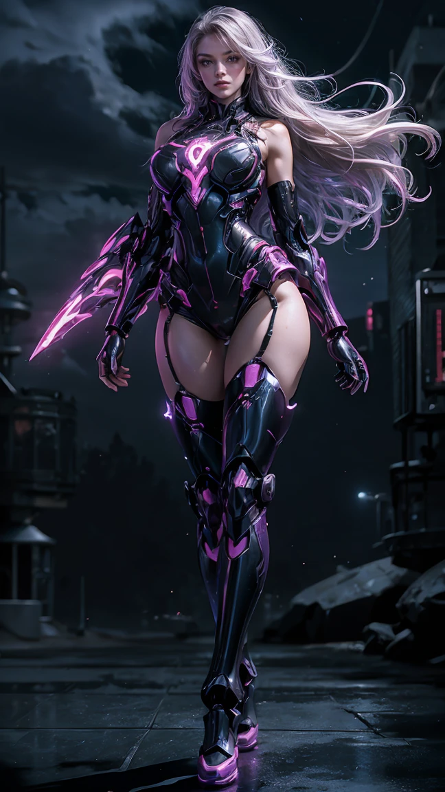 masterpiece, best quality, 1girl, ives , Mecha, beautiful lighting, (Neon light: 1.2), (night: 1.5), "masterpiece, best quality, 1girl, full body portrait, sensual pose, purple eyes, multicolored+silver hair:1.3+red:1.2+purple+yellow:1.3+green:1.3, sculpted legs and tempting curves, full breasts, pretty face, lots of water drops, cloud, Twilight, open shot, Watercolor, Neon light: 1.2, night:1.5, Mecha, beautiful lighting, bright neon light: 1.2, unforgettable mysterious night: 1.5"
