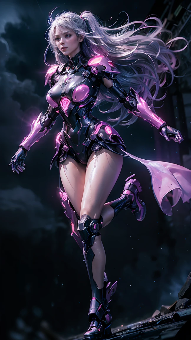 masterpiece, best quality, 1girl, ives , Mecha, beautiful lighting, (Neon light: 1.2), (night: 1.5), "masterpiece, best quality, 1girl, full body portrait, sensual pose, purple eyes, multicolored+silver hair:1.3+red:1.2+purple+yellow:1.3+green:1.3, sculpted legs and tempting curves, full breasts, pretty face, lots of water drops, cloud, Twilight, open shot, Watercolor, Neon light: 1.2, night:1.5, Mecha, beautiful lighting, bright neon light: 1.2, unforgettable mysterious night: 1.5"