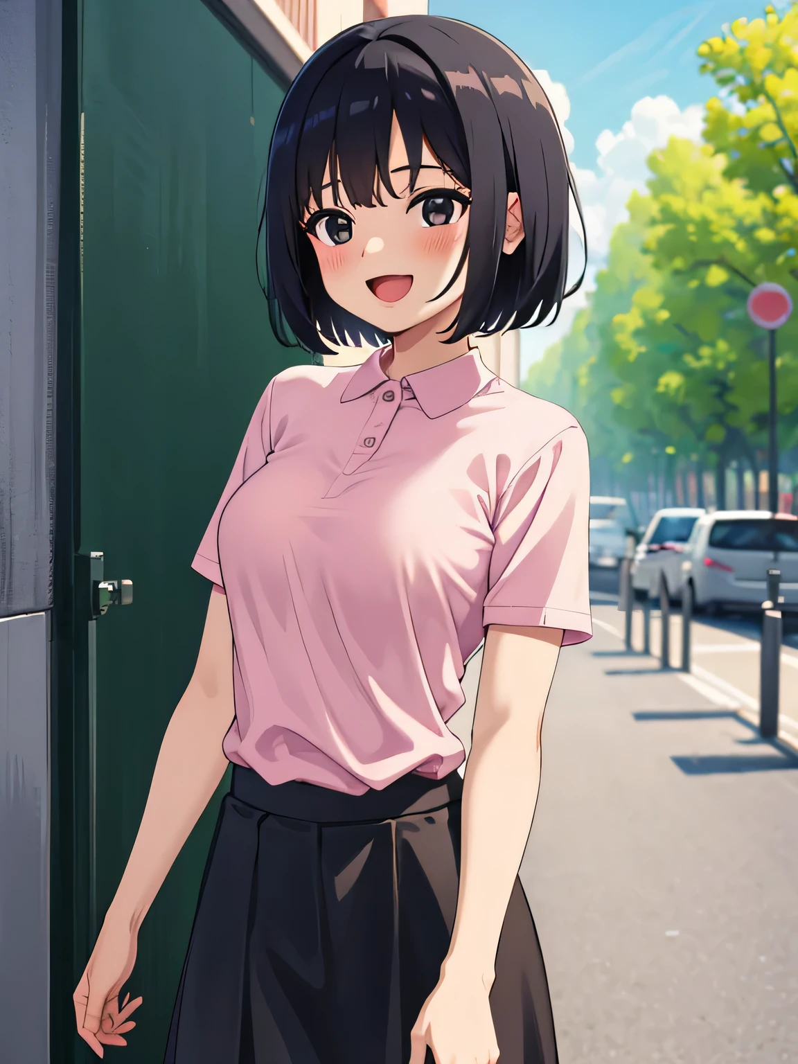 One woman, blush, Smiling front open mouth, Short Hair, Black Hair, Feel Small Breasts Pubic Hair 8k, Very detailed, 16k, (naked), Outdoors, Walking, Black Eyes, Pink Polo Shirt, Short Sleeves, Black Skirt, Skirt Rolled Up