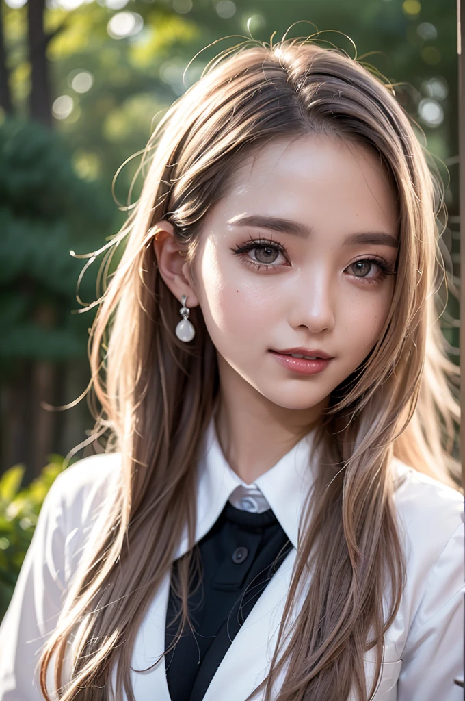 Realistic, masterpiece, Highest quality, Highest Resolution, High Detail, Soft Light, Professional Lighting, Backlight, Film Grain, The background is blurred, Japanese , 16 years old, Upper body photo, Looks sleepy, inattention, Grinning, Open your mouth, Beautiful and detailed eye drawing, (Droopy eyes:1.3), Dark Eyes, Thin eyebrows, Draw eyelashes carefully, Eyelash extensions, Gal Makeup, Orange Cheek,  (White brown wavy hair, Long Hair, Hair tied back, middle part:1.3), (Hidden eyelid wrinkles:1.3), (Gothic uniform:1.2), (The subject was photographed from above at an angle, The model is looking to the side, not towards the camera.:1.3), (Summer forest:1.3), (Face close-up:1.5)
