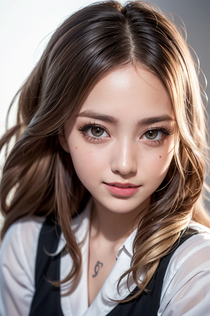 Realistic, masterpiece, Highest quality, Highest Resolution, High Detail, Soft Light, Professional Lighting, Backlight, Film Grain, The background is blurred, Japanese , , Upper body photo, Looks sleepy, inattention, Grinning, Open your mouth, Beautiful and detailed eye drawing, (Droopy eyes:1.3), Dark Eyes, Thin eyebrows, Draw eyelashes carefully, Eyelash extensions, Gal Makeup, Orange Cheek, (White brown wavy hair, Long Hair, Hair tied back, middle part:1.3), (Hidden eyelid wrinkles:1.3), (Gothic uniform:1.2), (The subject was photographed from above at an angle, The model is looking to the side, not towards the camera.:1.3), (Summer forest:1.3), (Face close-up:1.5)