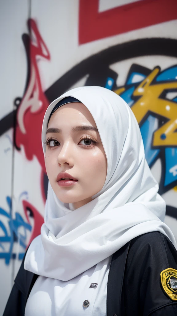 ,1girl, solo, pretty face, eyelashes, nose, glossy lips, (detailed eyes, looking at viewer, fair skin, white skin: 1.5), smooth skin, wearing hijab, 8k portrait of beauty in hijab, intricate, graceful, highly detailed, majestic, digital photography, hyper realistic, Masterpiece, Best Quality, All parts of the body except the face and hands are covered with clothing, Tudung, ((do not let the hair come out of the hijab)), full hijab, ((all parts of the body covered by clothes except the face)), Best Quality, (graffiti:1.5), paint splatter, jacket, On wall, paint can, looking at viewer, head slanted, clothing color palestine flag, (Wear a cyberpunk hooded military uniform), cyberpunk city