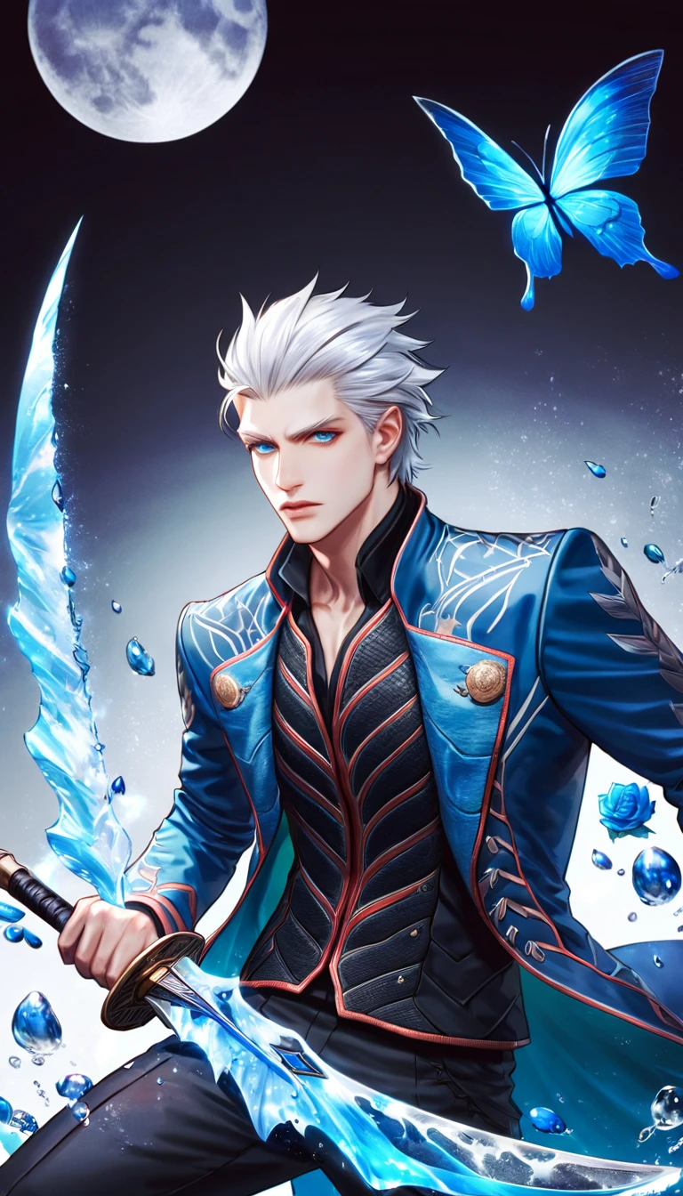 absurdres, highres, ultra detailed, HDR, master piece, best quality, Vergil, white hair slicked back, expressive blue eyes, devil may cry, solo, man holding a sword, handsome, blue coat, black shirt, black pants, magical, fantasy, shining, blue flowers, blue moon, blue butterflies, blue petals, water