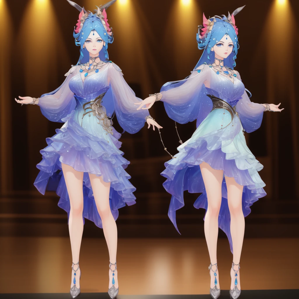 8k,highres,absurdres,masterpiece,best quality,original,extremely detailed CG,extremely detailed wallpaper,perfect lighting,1girl,solo,blurry_background,looking_at_viewer,standing on the stage,
WZRYdiaochanHQG,blue hair,dress,bare legs,long hair,blue eyes,hair ornament,jewelry,high heels,necklace,puffy long sleeves,