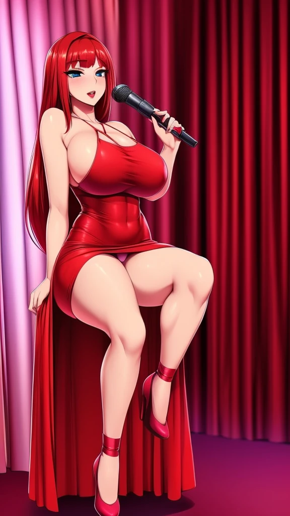 a girl lady big breast sexy attractive sensual sensitivity long red hair shine her blue eye eyelash painted purple soft red lip she dresses long red dress elegant glitter pair net sock black heel black thigh sensual sexy she singing theater lady