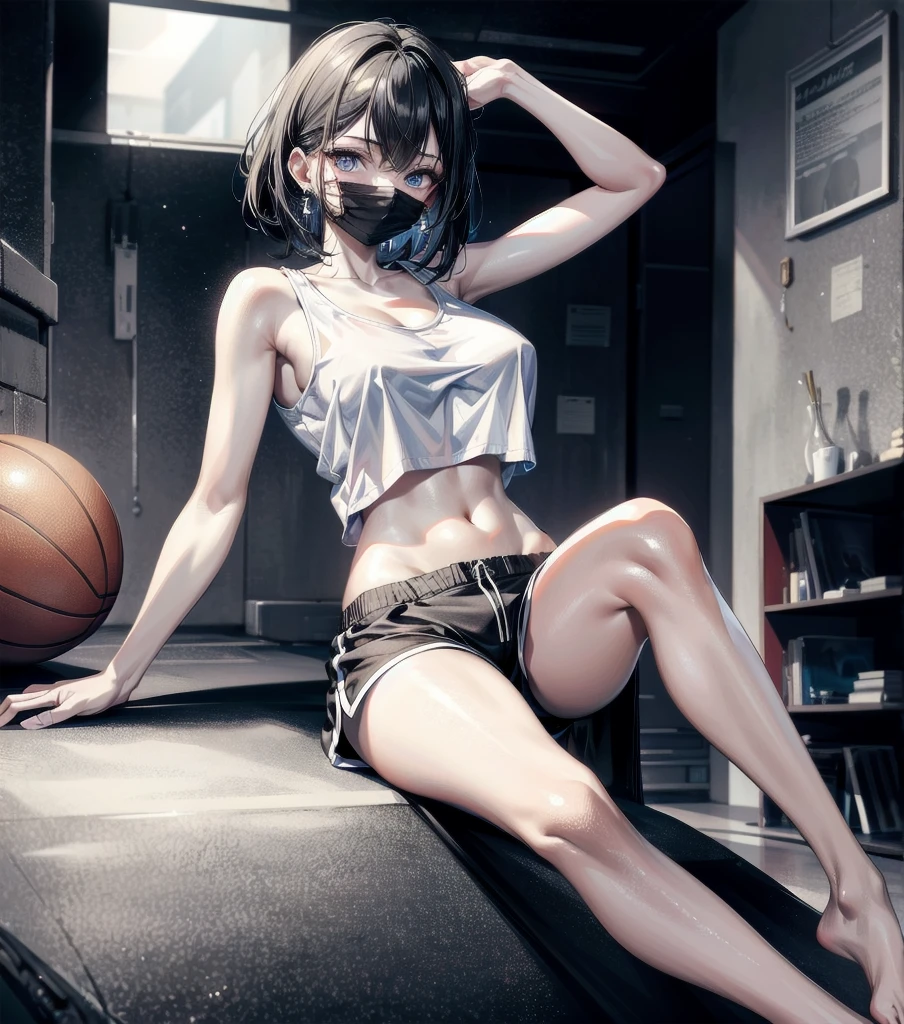 whole body, absurdres, RAW photo, extremely delicate and beautiful, masterpiece, Best Quality, ultra high resolution, 32k, hyperrealistic, ultra-detailed, detailed description, pale skin, 20 years old, detailed beautiful face and eyes, big tits, medium hair, black hair, tearful mole, earring, Basketball shirt, tank top, Hot Pants,