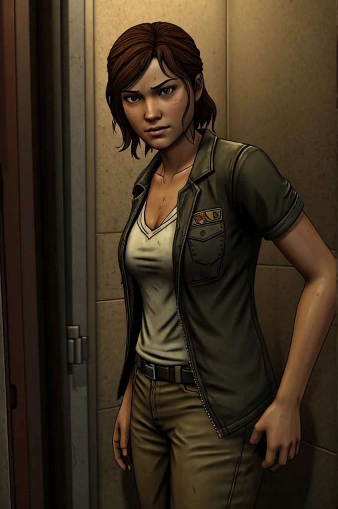 21 year old Clementine from Telltale Games the walking dead. She is in a public bathroom having sex.