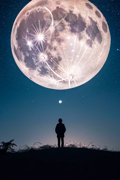 Highest quality,Big moon and shadow,A silhouette of a person can be seen against the backdrop of a large moon.,There is one full moon,There is a mood,Beautiful scenery,Starry Sky