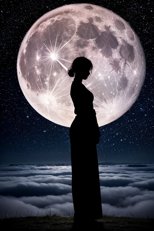 Highest quality,Big moon and shadow,A silhouette of a person can be seen against the backdrop of a large moon.,There is one full moon,There is a mood,Beautiful scenery,Starry Sky