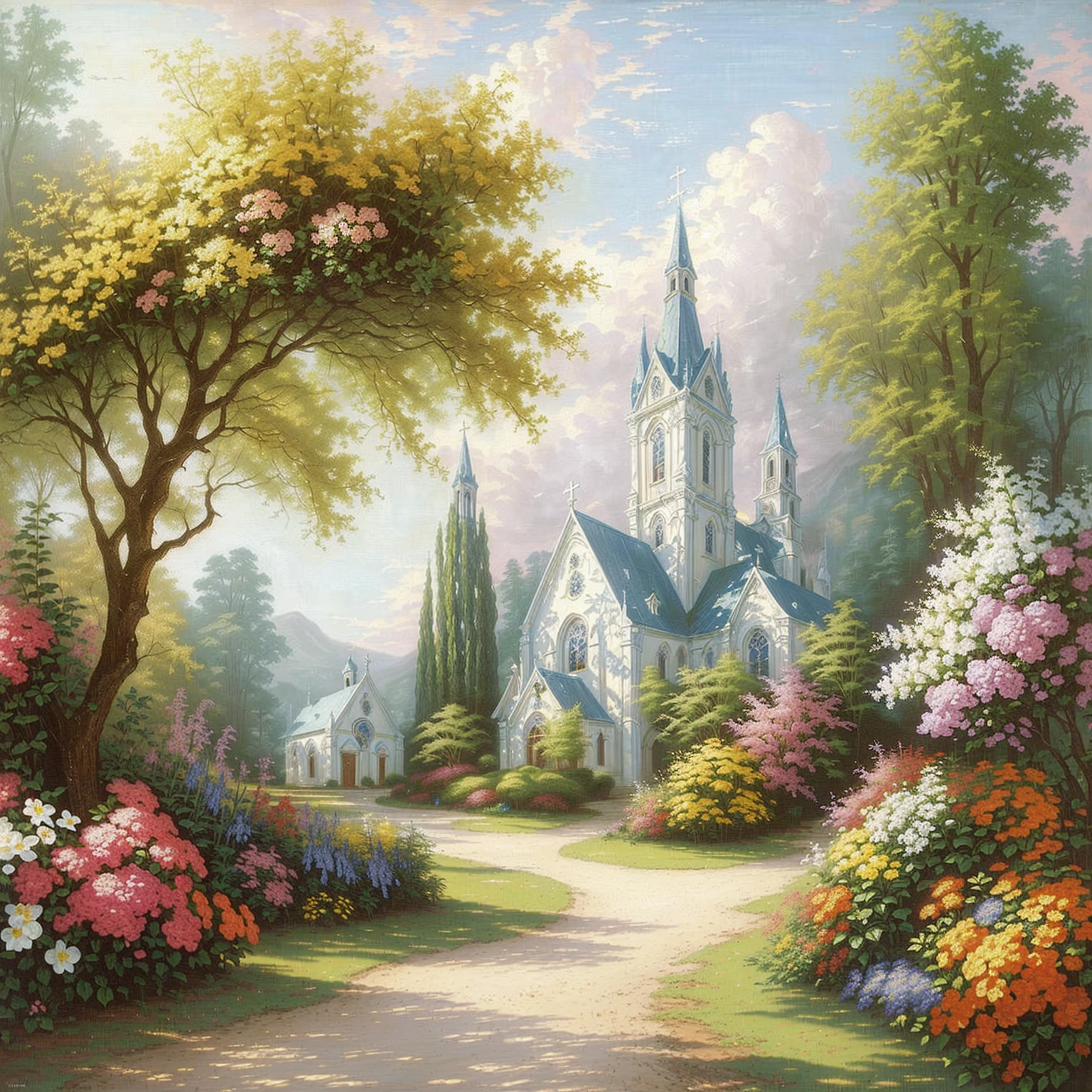 a painting of a church in a garden with flowers and trees, pintura de igreja, igreja na madeira, em uma paisagem serena, tomas kinkade, scenery art, uma bela paisagem, paisagem celestial, peaceful scene, breathtaking masterpiece of art, romantic landscape, igreja ao fundo, (((Thomas Kinkade))), aldeia russa, peaceful landscape, bela pintura, Thomas Kindkade