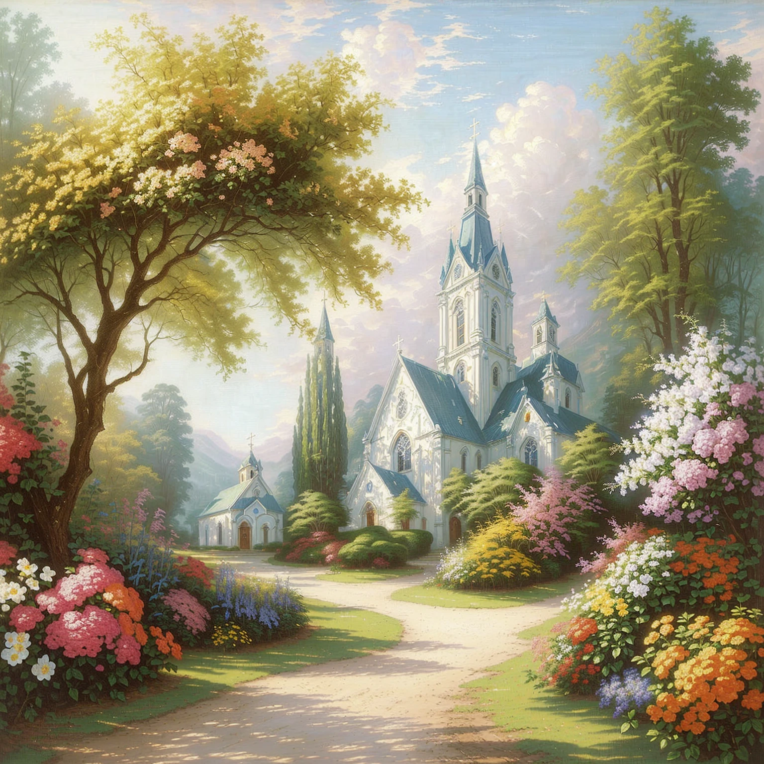 a painting of a church in a garden with flowers and trees, pintura de igreja, igreja na madeira, em uma paisagem serena, tomas kinkade, scenery art, uma bela paisagem, paisagem celestial, peaceful scene, breathtaking masterpiece of art, romantic landscape, igreja ao fundo, (((Thomas Kinkade))), aldeia russa, peaceful landscape, bela pintura, Thomas Kindkade