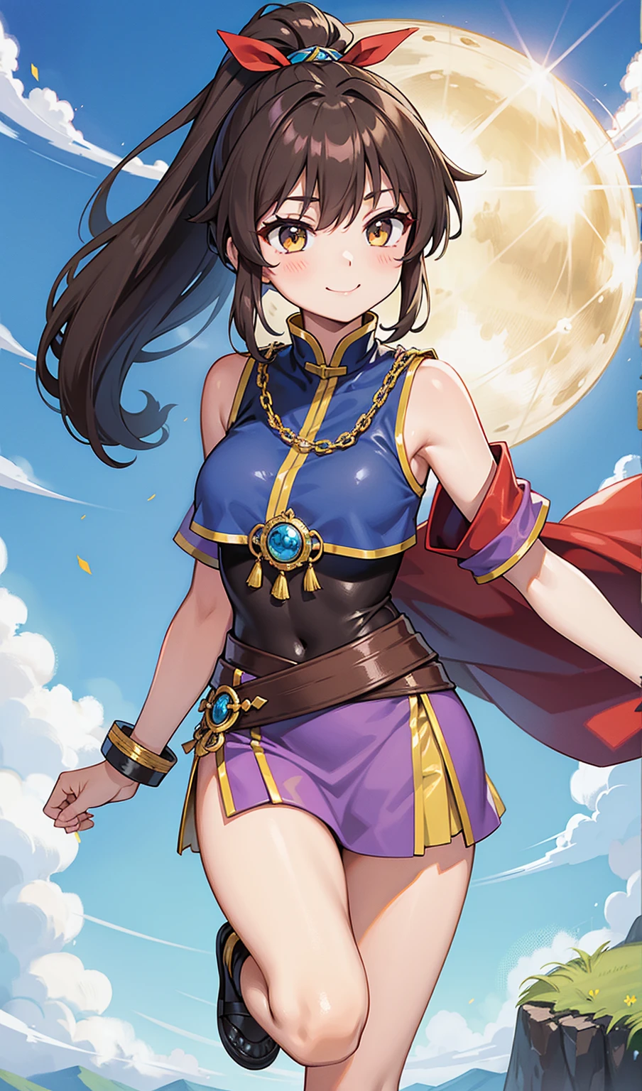 Human Woman。smile、Fantasy World、Dark brown ponytail、Amazoness、Uplifting、Slightly open legs、Colorful clothing