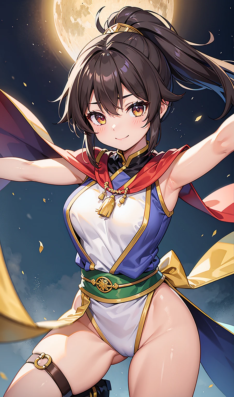 Human Woman。smile、Fantasy World、Dark brown ponytail、Amazoness、Uplifting、Slightly open legs、Colorful clothing