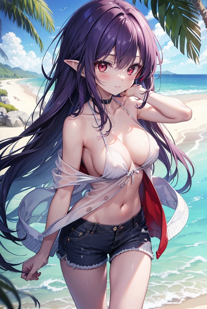 yuukikonno, Yuki Konno, long hair, hair band, pointed ears, purple hair, smile,blush,(red eyes:1.5), (large breasts:1.2), open your mouth,purple sleeveless hoodie ,wearing a hood,bare arms,shorts,barefoot,Cute Sandals,Midsummer,Palm tree,daytime,Light of the sun,walking on the sandy beach, 壊す looking at viewer, Upper body, whole body, break outdoors, coastal street,destroy the beach (masterpiece:1.2), highest quality, High resolution, unity 8k wallpaper, (figure:0.8), (detailed and beautiful eyes:1.6), highly detailed face, perfect lighting, Very detailed CG, (perfect hands, perfect anatomy), 1girl, 18 year old female, anime style, ultra realistic, high detail, sexy pose, sexy, beautiful, exposed skin, slender, skinny, exposed breast, breast, nipples, nude, nudity, absurdres, high res, ultrasharp, 8K, UHD, retina, masterpiece, accurate, anatomically correct, perfect anatomy, textured skin, super detail, high details, high quality, award winning, best quality, high res, looking at viewer, detailed eyes, four fingers and one thumb per hand, perfect hands, perfect finger, two arms only, no clothes, revealing