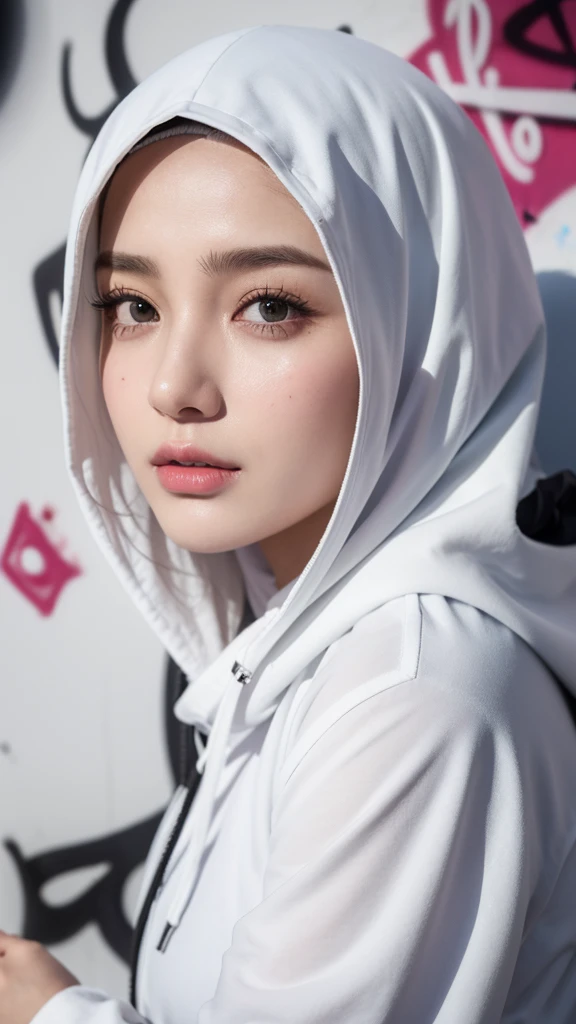 ,1girl, solo, pretty face, eyelashes, nose, glossy lips, (detailed eyes, looking at viewer, fair skin, white skin: 1.5), smooth skin, wearing hijab, 8k portrait of beauty in hijab, intricate, graceful, highly detailed, majestic, digital photography, hyper realistic, Masterpiece, Best Quality, All parts of the body except the face and hands are covered with clothing, Tudung, ((do not let the hair come out of the hijab)), full hijab, ((all parts of the body covered by clothes except the face)), Best Quality, (graffiti:1.5), paint splatter, jacket, On wall, paint can, looking at viewer, head slanted, clothing color palestine flag, (Wear a cyberpunk hooded military uniform), cyberpunk city