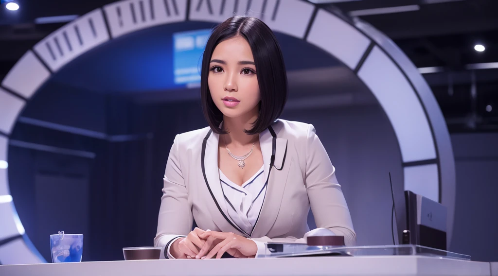 News anchor, Indonesian, Black Hair, White skin, Super detailed, Ultra-realistic