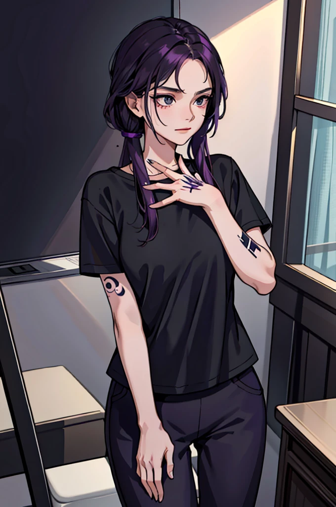 (masterpiece:1.2, best quality), (1girl, solo:1.2), crossed hands,straight pov, dark violet hair, black T-shirt, sport pants, (tattoos), room, crossed hands,straight pov